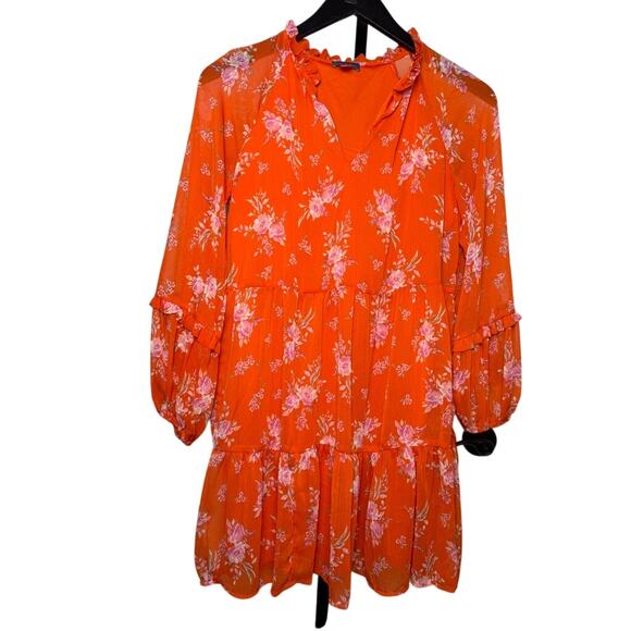 Vince Camuto Orange A Line Tiered Flowy Lined Small LS Dress Floral Short - Picture 3 of 3